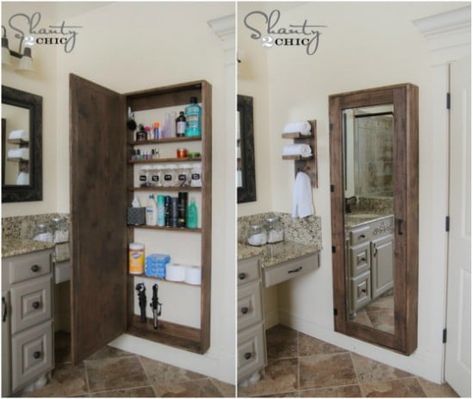 35 Space Saving DIY Hidden Storage Ideas For Every Room - DIY & Crafts Diy Storage Mirror, Diy Hidden Storage Ideas, Bathroom Cabinet Makeover, Bathroom Mirrors Diy, Bathroom Cabinets Diy, Mirror Storage, Bathroom Mirror With Shelf, Bathroom Mirror Storage, Diy Bathroom Storage