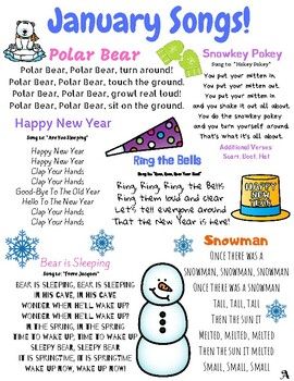 January songs and fingerplays! This resource can be used for circle time in a daycare, preschool, Pre-K, or Kindergarten classroom. This is also a great resource to send home with children to sing seasonal songs with their families.This song list compliments my Infant/Toddler Unit: Baby It's Cold Ou... January Songs, Winter Songs For Kids, Snowman Song, January Lesson Plans, Months Song, Preschool January, January Preschool, Circle Time Songs, Kindergarten Songs