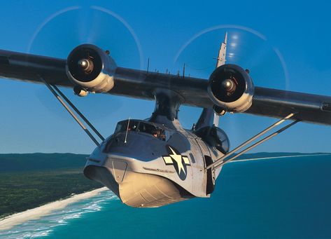 The Consolidated PBY Catalina is an American flying boat, and later an amphibious aircraft of the 1930s and 1940s. It was one of the most widely used seaplanes of World War II. Pby Catalina, Amphibious Aircraft, Sea Plane, Flying Vehicles, Flying Boat, Ww2 Planes, Air Space, Wwii Aircraft, Ww2 Aircraft