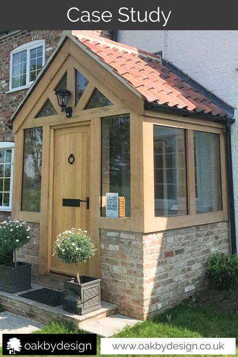 This enclosed oak porch is perfect on our clients Yorkshire home  #oakbydesign #oakporch #enclosedporch #enclosedoakporch Enclosed Porches Farmhouse, Council House Porch Ideas, Enclosed Oak Porch, Porch Ideas Exterior Uk, Glazed Oak Porch, Oak Frame Porch, Oak Porch Ideas Entrance, Small Enclosed Front Porch Ideas, Uk Porch Ideas