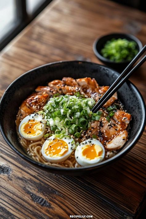 Join me on a culinary adventure with this mouthwatering homemade ramen! Packed with tender chicken, perfectly cooked soft-boiled eggs, and fresh green onions, this dish is a comforting bowl of happiness. Each slurp of the savory broth and noodles is a taste of pure joy. Perfect for any night of the week! Broth And Noodles, Birria Ramen, Healthy Ramen, Artistic Food, Chicken Ramen, Homemade Ramen, Wheat Noodles, Ramen Bowls, Ramen Soup