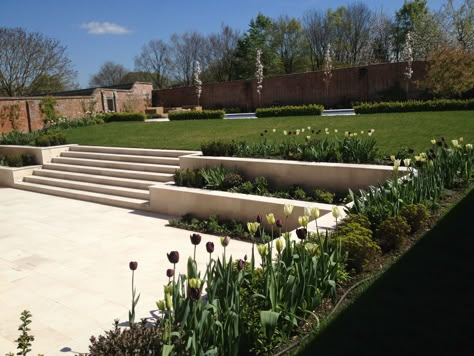 Country Estate Garden Design, House On A Hill Landscaping, Modern Pool Room, Country Garden Design, Sloped Backyard Landscaping, Limestone Paving, York Stone, Tuscan Garden, Modern Pool