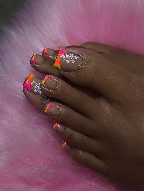 Hot Pink Toes With Design, Orange French Tip Toes, Orange Pedicure Ideas, Toe Designs Pedicure, Simple Toe Nail Designs, Hot Pink Pedicure, Pink Foil Nails, Pedicure French, French Toe Nails