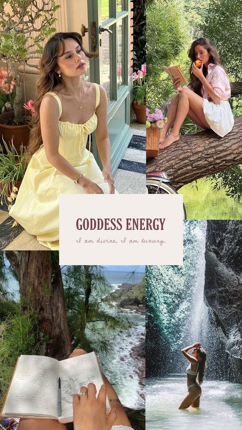 Feminine energy goddess mood board Divine Feminine Moodboard, Devine Feminine Aesthetics, Divine Feminine Photoshoot, Goddess Energy Aesthetic, Light Feminine Energy, Natural Fabrics Clothing, Goddess Photoshoot, Meditation Station, Manifestation Goals