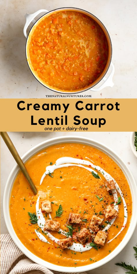 Creamy Carrot Red Lentil Soup is quick and simple to make, full of warm spices, dairy-free, vegan, and full of plant based protein. #veggieloaded Whole Food Lentil Recipes, Creamy Carrot And Red Lentil Soup, Dinners With Lentils, Dinner Recipe With Carrots, Rice Lentil Soup, Soup Recipes Carrot, Carrot Lentil Soup Instant Pot, Red Lentil Carrot Coconut Soup, Cream Of Lentil Soup