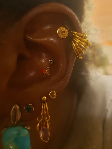 Ears Persings Ideas, Maximalist Piercings, Took Piercing, Coin Slot Piercing, Stacked Ear Piercings, Earthy Piercings, Earring Stack Ideas, Piercing Stack, Ear Piercing Ideas