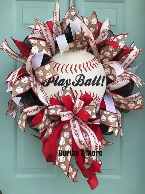 Football Wreath Diy, Baseball Wreath, Sports Wreath, Baseball Wreaths, Football Decor, Sports Wreaths, Football Wreath, Football Decorations, Red Wreath