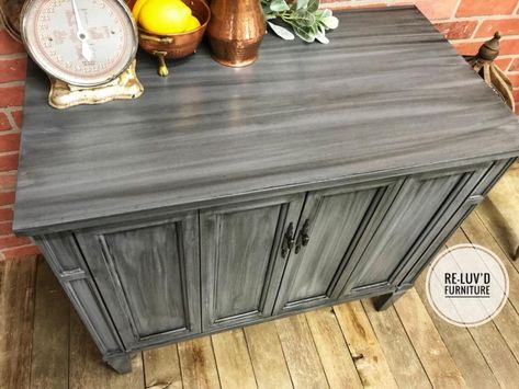 Buffet in Gray Gel Stain w/ Pitch Black Glaze Effects | General Finishes Design Center Gel Stain Kitchen Cabinets Grey, Grey Glazed Cabinets, Black Glazed Furniture, Grey Gel Stain Over Oak Cabinets, Gel Stain Furniture, Glazed Kitchen Cabinets, Diy Furniture Restoration, Grey Stained Wood, Stained Kitchen Cabinets