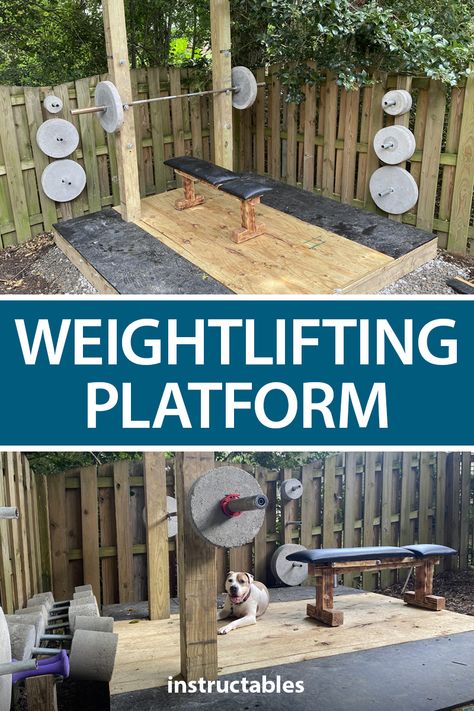 Build an 8’x8’ outdoor weightlifting platform with squat rack. #Instructables #backyard #workshop #woodworking #exercise Diy Outdoor Gym Backyard, Outdoor Squat Rack, Outdoor Weight Gym, Outdoor Gym Ideas Backyards Diy, Diy Outdoor Workout Area, Backyard Workout Area, Diy Outdoor Gym, Outdoor Gym Ideas Backyards, Outdoor Gym Ideas