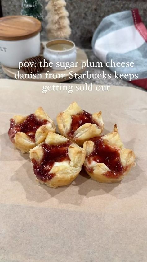 121K views · 210 reactions | Sugar plum cheese danish (Starbucks copycat) 🎄 Recipe below is for 1 puff pastry sheet but you’re gonna probably want to double it for the two sheets because they are addicting! Ingredients: 1 thawed puff pastry sheet 1 8 oz package of cream cheese softened 1/2 cup sugar (I used powder but you can also use granulated) 1 teaspoon vanilla extract 1/2 cup plum jam 1/4 teaspoon ground cinnamon 1/8 teaspoon ground nutmeg 1. Preheat oven to 400 degrees 2. Mix softe Copycat Sugar Plum Danish, Starbucks Plum Danish Recipe, Sugar Plum Cream Cheese Danish, Sugar Plum Danish Recipe, Plum Puff Pastry, Sugar Plum Danish Starbucks, Starbucks Sugar Plum Danish Recipe, Sugar Plum Dessert, Plum Danish Recipe