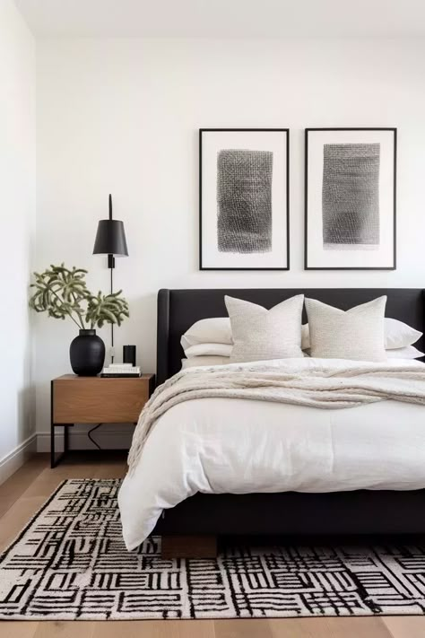 Ski Ideas, Apartment Planning, Black Bed Frame, Black Headboard, Zen Bedroom, Bedroom Styling, Minimalist Bedroom Design, Minimal Decor, Black Bedding