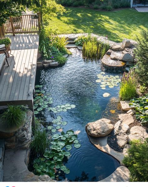 House Pond Ideas, Natural River Backyard, Natural Pool With Waterfall, Natural Backyard Pond, House With Stream, Lake Beach Landscaping, Garden Ponds With Waterfalls, Natural Pond Ideas, Pond In Backyard