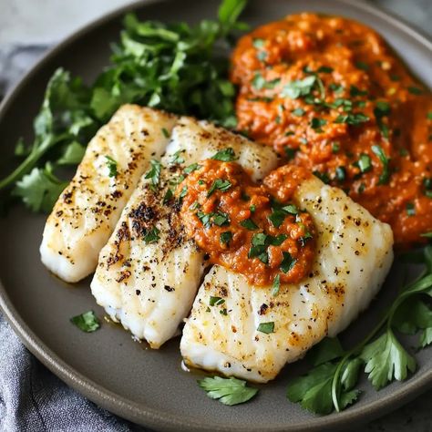 Enjoy a delicious and healthy Grilled Cod with Romesco Sauce, featuring tender cod fillets paired with a rich, smoky sauce. Perfect for a quick weeknight dinner that's both nutritious and satisfying. Grilled Fish Marinade, Rock Cod, Pacific Cod, Grilled Cod, Fish Marinade, Cod Fillets, Healthy Grilled, Italian Grill, Romesco Sauce