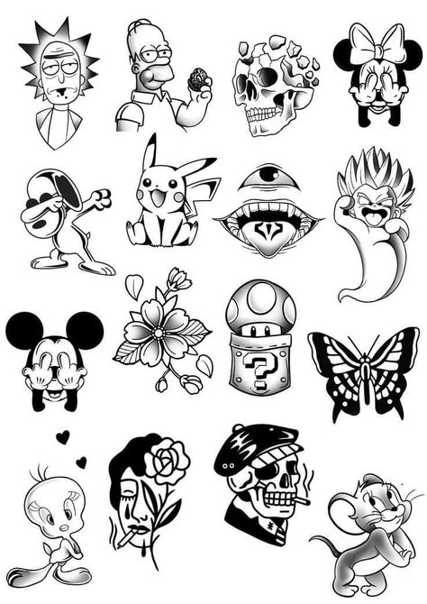 Tato Geisha, Flash Art Tattoos, Small Tattoo Design, Cool Tattoo Drawings, Flash Sheets, Tattoo Outline Drawing, Tattoo Practice, Cartoon Character Tattoos, Simple Tattoo Designs