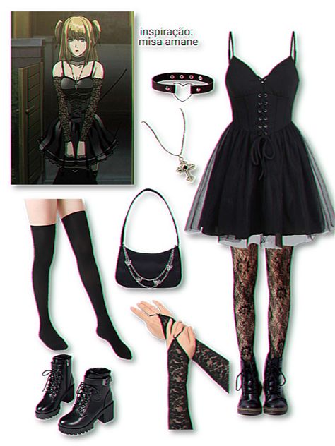 Misa Amane Outfit Cosplay, Misa Aname Fashion, Misa And Light Halloween Costume, Deathnote Misa Cosplay, Misa Amane Full Body Picture, Misa Misa Halloween Costume, Halloween Costumes Black Outfit, Misa Aname Outfit, Misa Amane Royale High