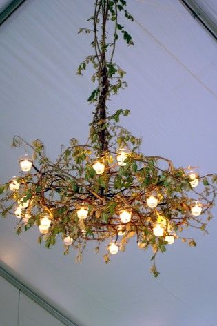 Faux greenery garlands, strand lighting, florist's tape.  Cost: $8 Deco Luminaire, Beautiful Chandelier, Beautiful Lighting, Chandelier Lamp, Tree Lighting, Fairy Lights, Chandelier Lighting, Outdoor Lighting, Ivy