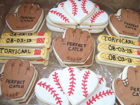 Baseball themed bridal shower cookies Baseball Wedding Shower, Softball Wedding, Baseball Themed Wedding, Baseball Wedding, Couples Bridal Shower, Couple Wedding Shower, Bridal Shower Cookies, Sports Wedding, Themed Bridal Shower