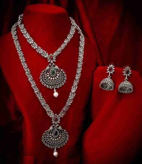 #Oxidised jewellery #Oxidised jewellery earrings #Oxidised silver jewellery #Oxidised jewellery with kurti #Oxidised jewellery on saree #Oxidised jewellery indian outfit #fashion #jwelleryset #oxidisedjwelleryset #beauty #sale #jwellery Oxidised Jewellery Set, Oxidized Silver Necklace, Silver Necklace Set, Silver Jewellery Indian, Earring Sets, Gold Bride Jewelry, Layered Necklace Set, Silver Jewelry Design, Necklace Sets