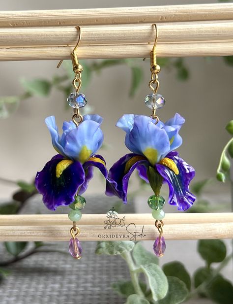 Earrings With Realistically Iris Handmade Flower Jewelry Polymer Clay Earrings Blue Purple Violet Yellow Long Dangle Earrings Iris Jewelry - Etsy Iris Jewelry, Gardener Gifts, Iris Art, Jewelry Polymer Clay, Purple Iris, Floral Wall Decor, Purple Violet, Long Dangle Earrings, Handmade Flower