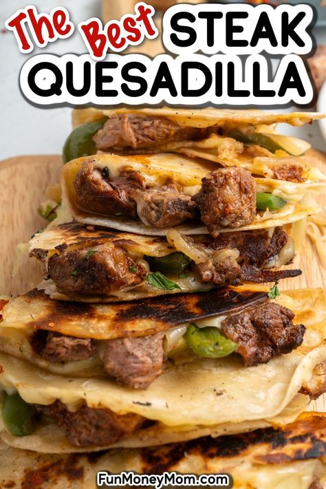 This Steak Quesadilla recipe combines slices of mouthwatering steak, melted cheese, and tender veggies, all nestled in a crispy tortilla. They’re the perfect easy dinner or snack for the whole family! Steak Quesadilla Marinade, Leftover Steak Quesadilla, Leftover Ny Strip Steak Recipes, Ideas For Leftover Steak, Leftover Sirloin Steak Recipes, What To Do With Leftover Steak, Leftover Ribeye Steak Recipes, Recipes For Leftover Steak, Leftover Ribeye