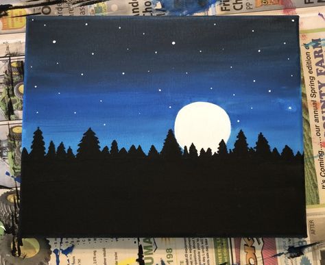 Night Landscape Painting Easy, Night Scene Drawing, Night Scenery Drawing, Watercolor Scenery Painting, Night Sky Drawing, Cute Easy Paintings, Sunset Canvas Painting, Oil Pastel Drawings Easy, Watercolor Scenery