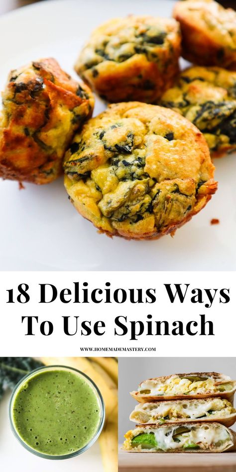 This collection of must-cook healthy spinach recipes includes easy ideas for breakfast, lunch and dinner that will turn you into a fan of the dark leafy green! Ways To Use Fresh Spinach, Spinach Supper Recipes, What To Do With Extra Spinach, What To Do With Frozen Spinach, Dinner Spinach Recipes, Ideas For Spinach, Things To Cook With Spinach, Recipes To Use Up Spinach, Leftover Creamed Spinach Recipes