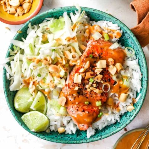 Firecracker Salmon, Sweet Red Chili Sauce, Dishing Out Health, Salmon Bowls, Spicy Peanut Sauce, Salmon Bowl, Rice Varieties, Salmon And Rice, Pan Seared Salmon