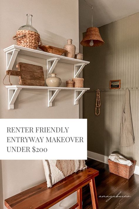 Entryway makeover under $200. Renter friendly + budget friendly. Thrifted decor. Neutral home. Modern cottage. Faux Beadboard, Home Makeover Diy, Beadboard Wallpaper, Office Guest Bedroom, Entryway Makeover, Thrifted Decor, Diy Rustic Home, Home Makeover, Diy Makeover