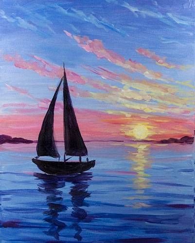 30 Easy Painting Ideas for Beginners, Easy Landscape Paintings, Simple – Paintingforhome Easy Landscape Paintings, Sunrise Painting, Canvas For Beginners, Paint Nite, Sailboat Painting, Simple Canvas Paintings, On The Ocean, Easy Canvas Painting, Moon Painting