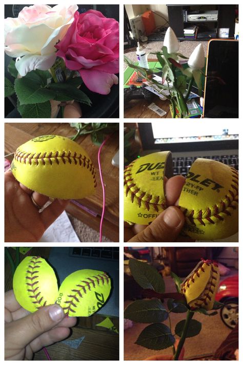 How to make a softball rose!!! I need to do this in the next 2 wks!!!!!!!!!! Softball Flowers, Softball Roses, Baseball Flowers, Softball Party, Softball Crafts, Senior Softball, Softball Pitching, Baseball Crafts, Senior Night Gifts