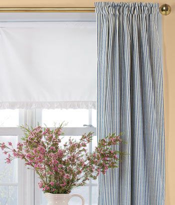 Striped Curtains, Plaid Curtains, Checked Curtains, Blue Plaid Curtains - Country Curtains® Ticking Curtains, Ticking Stripe Curtains, Check Curtains, Balloon Curtains, Dream House Living Room, Plaid Curtains, Pocket Curtains, Striped Curtains, Farmhouse Curtains