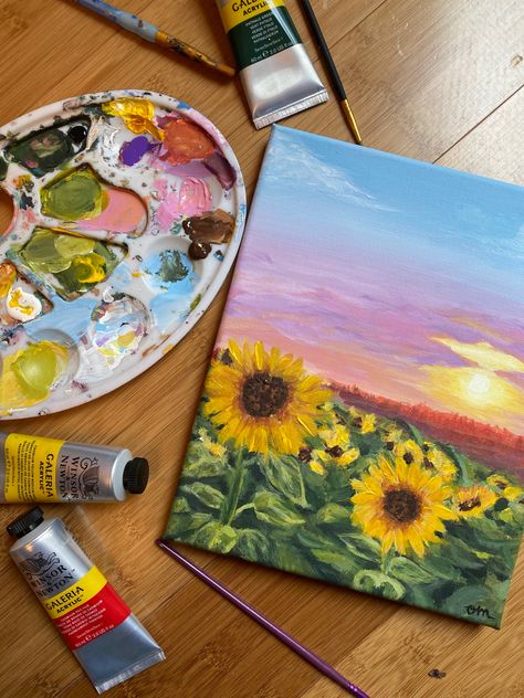 Sunflower Painting Landscape, Sunset And Sunflowers Painting, Flower Painting Sunflower, Sunflower Mini Painting, Sunflower Sunset Painting, Black And White Scenery Painting, Sunflower Painting Ideas On Canvas, Canvas Painting Sunflower, Painting Ideas Sunflowers