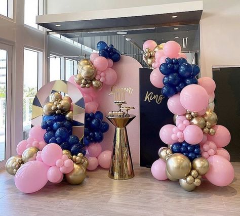 Pink And Blue Decorations Parties, Royal Blue And Pink Quinceanera Theme, Blue And Pink Graduation Party Ideas, Pink And Blue Party Decor, King Or Queen Gender Reveal, Denim And Pink Party Ideas, Pink And Blue Graduation Party, Pink And Blue Sweet 16 Themes, Blue And Pink Sweet 16