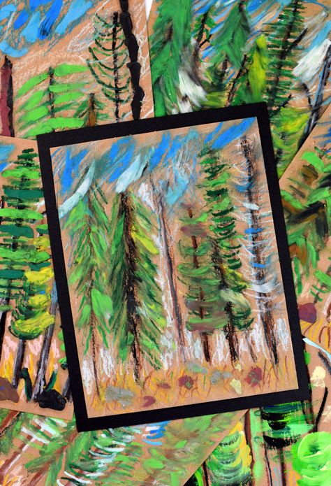 Artist Inspired Art Lessons, Emily Carr Art For Kids, Artist Study For Kids, Nature Art Lessons, Forest Art For Kids, Fall Elementary Art Projects, Kindergarten Painting Ideas, Christmas Art Projects For Middle School, Camping Art Projects For Kids