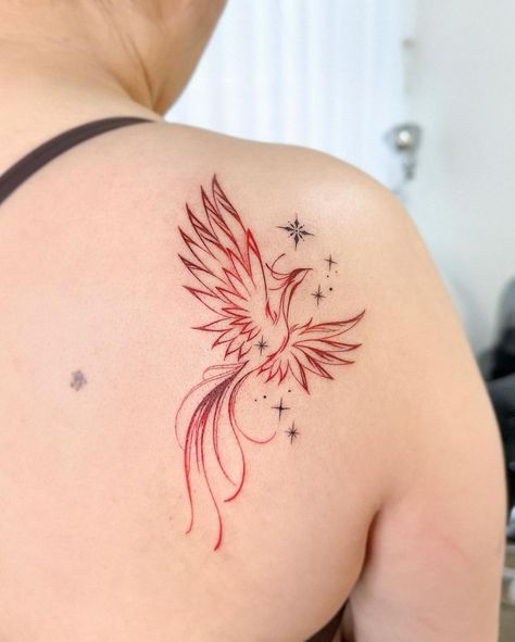 Phoenix With Fire Tattoo, Phoenix Tattoo With Color, Cool Phoenix Tattoo, Phoenix Tattoo Placement For Women, Tattoo Ideas Phoenix Design, Phinixbird Tattoo, Small Phoenix Tattoos Fine Line, Fineline Phoenix Tattoo, Phoenix Tattoo Ideas For Women