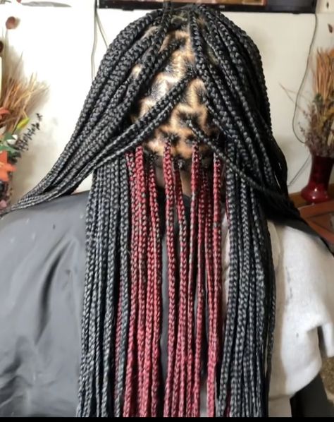 Black And Brown Box Braids Peekaboo, Dark Red Peekaboo Braids, Color Combo Braids Black Women, Burgundy And Black Peekaboo Braids, Red Peek A Boo Knotless Braids, Peekaboo Braids Burgundy, Black And Burgundy Knotless Braids, Black And Burgundy Box Braids, Box Braids Skunk Stripe