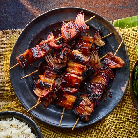 Pork Belly Skewers with Adobo Glaze Recipe | Recipes from Ocado Pork Belly Skewers, Pork Belly Slices, Bbq Recipe, Pork Glaze, National Dish, Crispy Onions, Chinese Cabbage, Meal Deal, Tasting Menu