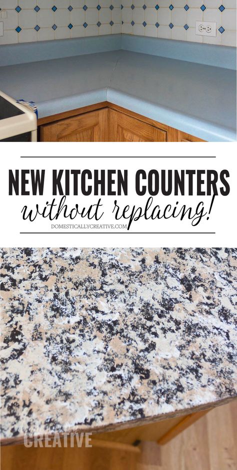 Learn how easy it is to update kitchen counters without replacing them! #kitchenmakeover #diykitchencounters #gianigranite #updatekitchencounters Change Kitchen Counters, Updating Kitchen Counters On A Budget, Old Kitchen Countertop Makeover, Diy Kitchen Counters, Easy Mobile Home Updates, Kitchen Counter Remodel, Kitchen Counter Diy, Ugly Kitchen, Mobile Home Kitchen