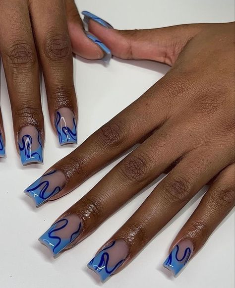 Blue With Black Nails, Abstract Acrylic Nail Designs, Creative Short Nail Designs, Opposite Hand Nails, Short Square Nail Art Designs, Asymmetrical Nail Design, Cool Nail Inspo Square, Cute Short Square Acrylic Nails Designs, Short Nails Blue Design