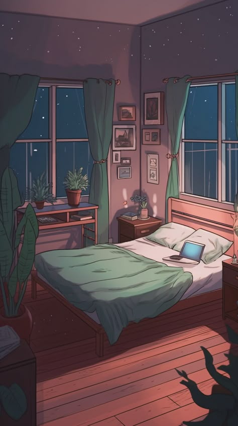 Anime Bedroom Illustration, Digital Art Bedroom Illustrations, Room Aesthetic Illustration, Backgrounds For Drawings Bedroom, Cartoon Bedroom Aesthetic, Anime Room Aesthetic Wallpaper, Messy Bedroom Illustration, Animated Bedroom Background, Lo Fi Aesthetic Bedroom