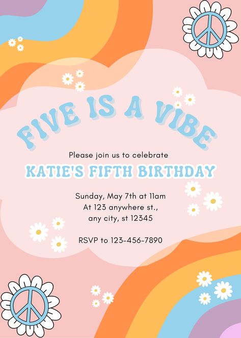 This is your perfect invite for your 5 year old groovy birthday party! Five is a VIBE! #groovybirthday #vibes #partyplanning May 7th, Party Planning, Birthday Invitations, Birthday Party, Birthday