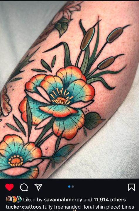 Neo Traditional Tattoos Flower Sleeve, Colored Flowers Tattoo, Neo Tradional Flowers, Bold Flower Tattoo, Bright Color Flower Tattoo, Kneecap Tattoo, Lotus Flower Neotraditional Tattoo, Neo Traditional Wildflower Tattoo, Geometric Line Tattoo