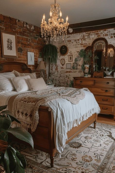 White Brick Room Bedrooms, Boho Victorian Decor Bedroom, Boho Inspo Decor, Antique Room Decor Bedroom, Bedroom Ideas For Small Rooms Vintage, Cozy Antique Decor, Master Bedrooms Decor Feature Wall, Vintage Garden Bedroom, Modern Vintage Bedroom Ideas Retro