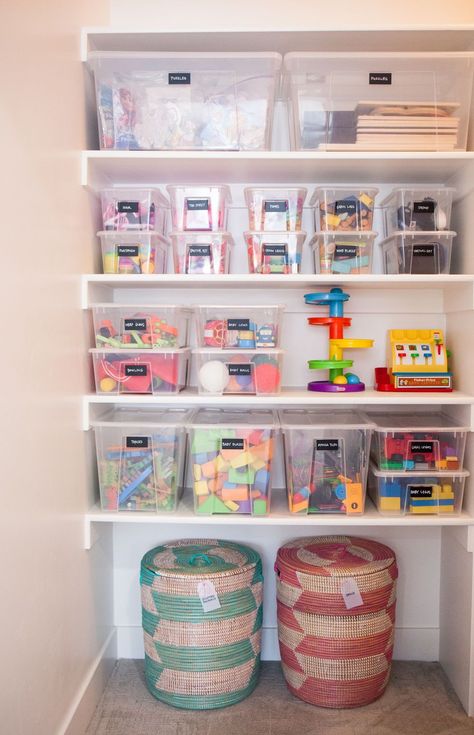 Toy Closet Organization, Easy Closet Organization, Playroom Closet, Craft Closet Organization, Kailee Wright, Simple Closet, Kids Toy Organization, Kids Closet Organization, Playroom Storage