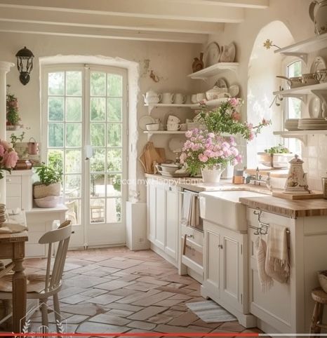 Shabby Chic Farmhouse Kitchen, Shabby Chic Kitchen Ideas, Chic Farmhouse Kitchen, Pink Cottage Core, Farmhouse Style Homes, French Country Kitchen Ideas, Country Chic Kitchen, Vintage French Kitchen, Kitchen Eating Area