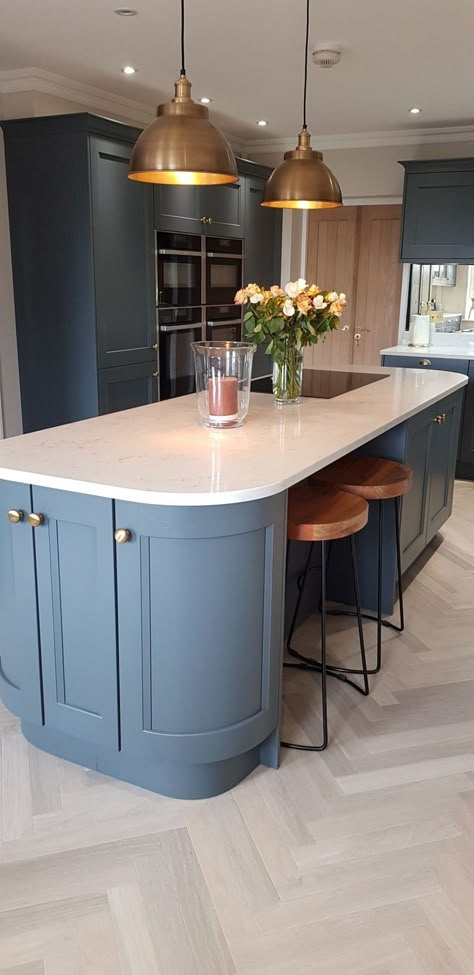 Blue Kitchen Herringbone Floor, Marble Brass Kitchen, Kitchen Chevron Floor, Kitchen Light Grey Floor, Hallway To Kitchen Flooring, Kitchen Flooring Ideas Blue Cabinets, Blue Kitchen Grey Worktop, Grey Oak Flooring Kitchen, Grey Oak Herringbone Floor