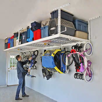 Garage Organization Tips, Overhead Garage Storage, Garage Storage Racks, Overhead Garage, Garage Storage Solutions, Garage Organize, Ceiling Storage, Garage Remodel, Overhead Storage