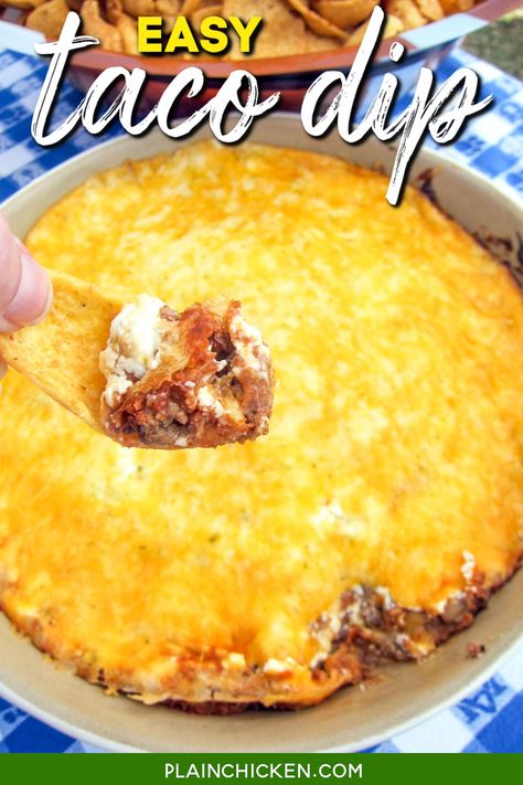 Easy Taco Dip (5-Ingredients) Seasoning Ground Beef, Ground Beef Taco Dip, Hot Taco Dip, Easy Taco Dip, Cream Cheese Taco Dip, Mexican Dip Recipes, Taco Dip Easy, Refried Bean Dip, Baked Dips