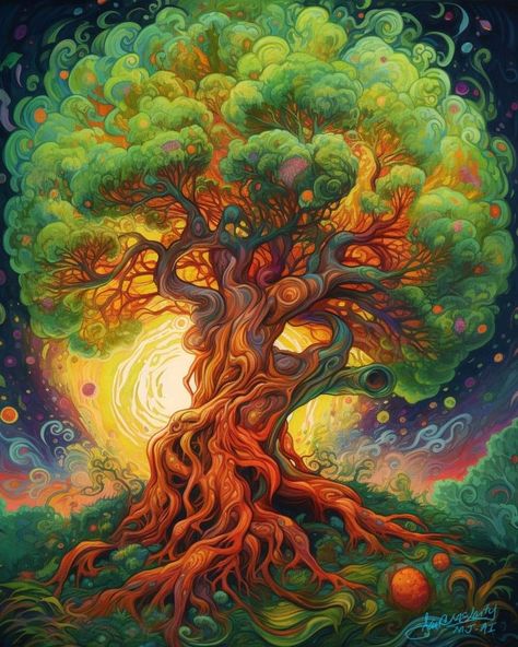 Tree Magic Art, Symbolic Symbols, Giant Canvas, Acid Art, Pretty Trees, Tree Of Life Art, Psychadelic Art, Art Painting Gallery, Universe Art