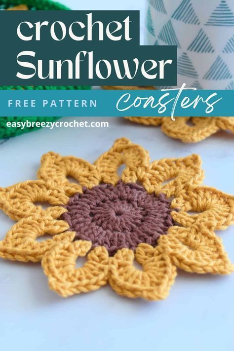 Sunflower Crocheted Coasters, Crocheted Sunflower Coasters, Free Crochet Pattern For Sunflower Coasters, Sunflower Table Runner Crochet, Crocheted Sunflower Coasters Pattern Free, Crochet Sunflower Hot Pad, Sunflower Crochet Coaster Pattern, Flower Pot Holder Crochet, Free Crochet Sunflower Coaster Pattern